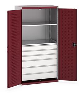 40021113.** Bott Cubio kitted cupboards come with drawers and shelves, overall dimensions of 1050mm wide x 650mm deep x 2000mm high. The cupboards have reinforced lockable steel doors with zinc plated locking bars and cam providing secure 3 point locking. ...
